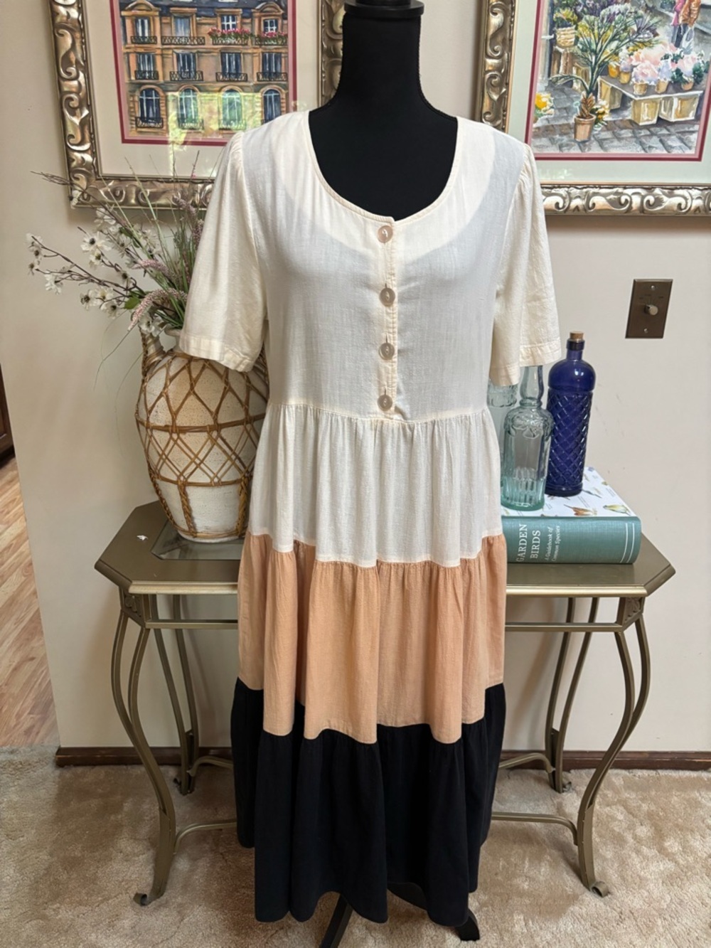 TWO POTATO VINTAGE NEUTRAL TIERED MAXI DRESS BOHO PEASANT COTTON COTTAGECORE - Picture 2 of 9